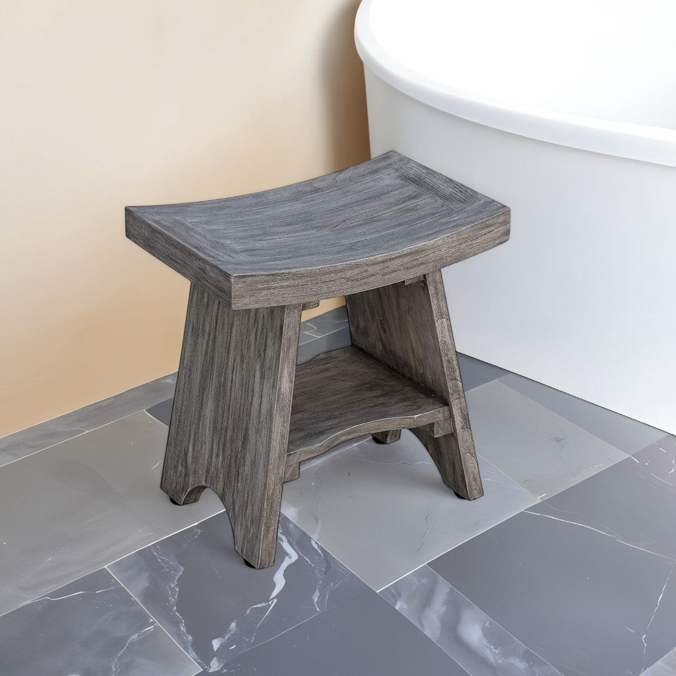18" Gray Solid Wood Rectangular Shower Bench With Shelf-2